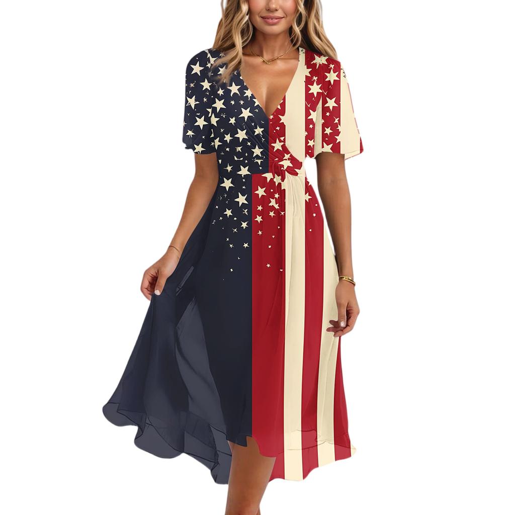 Damen V-Ausschnitt Kurzarm Midi Kleid mit Feuerwerk und Flaggenprint Sommer A-Linie Lässig Fließend Leichtes Kleid