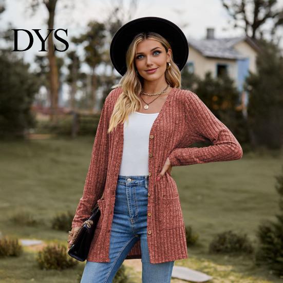Women Knitwear Fall Long Cardigan Sweater, V Neck Button Front Knit Coat Coat, Sleeve Casual Sweater with Pockets Winter