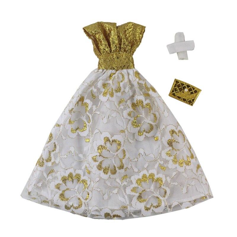 

Золотисто-белое модное платье для куклы Барби, наряды, сумочка, перчатки, 1/6 куклы, аксессуары, вечернее платье для Барби, одежда, игрушки золотой
