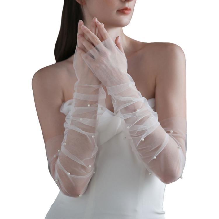 Decorative Paired Arm Warmer False Cuffs Pearls Tulle for Princess Dress False Sleeves Long Arm Covers