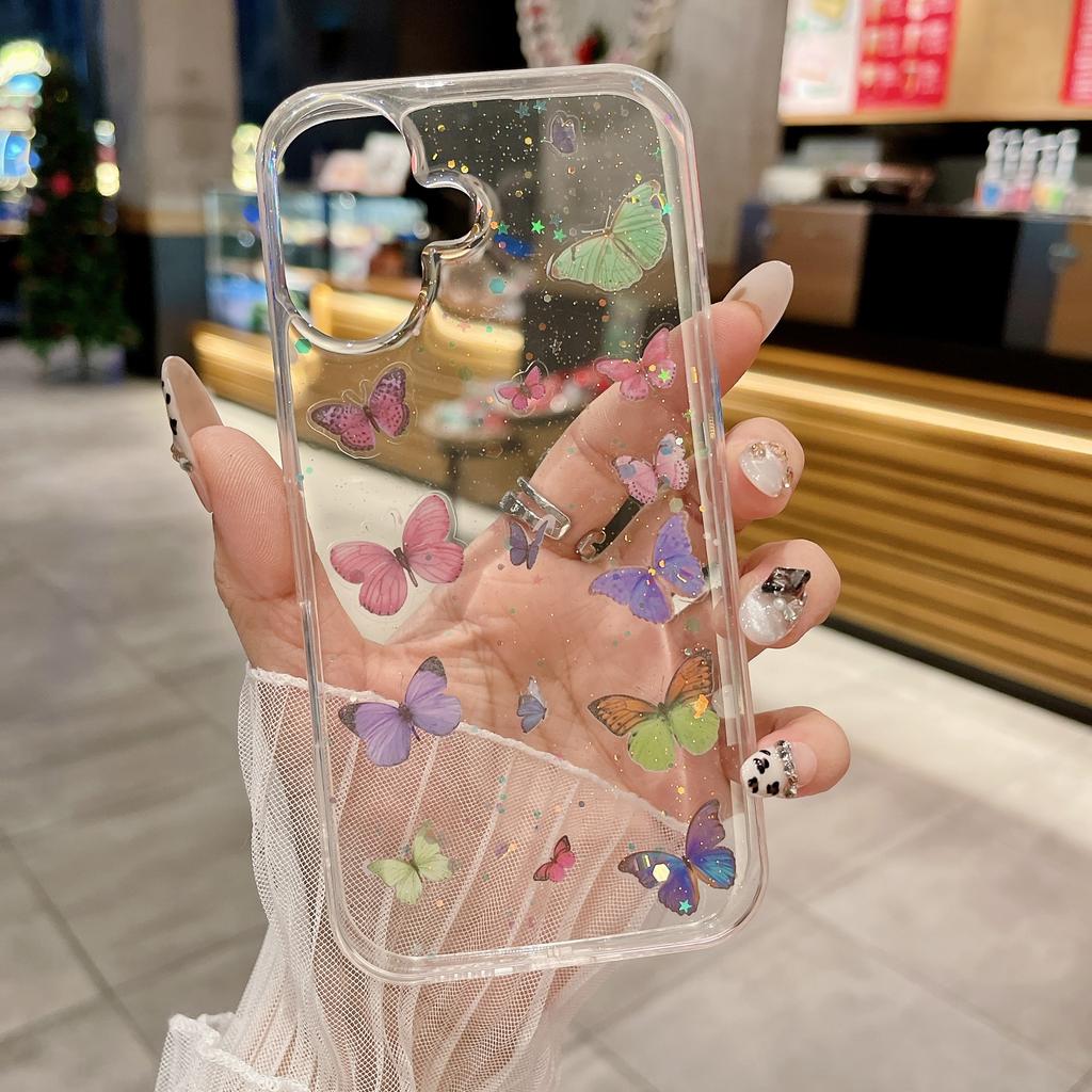 For iPhone 16 Plus Case Anti Drop TPU Phone Back Cover Epoxy Glitter Butterfly