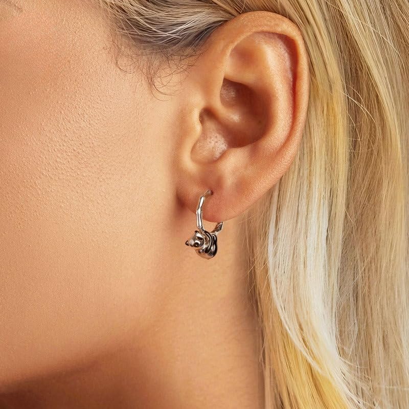 Rockyu Earrings and Rings for Silver Cat Animal Gift Women, Small, Set, 925, Casual, Cute, Earrings, Hoop, Motif, Birthday, Lover's Day, (Cat)