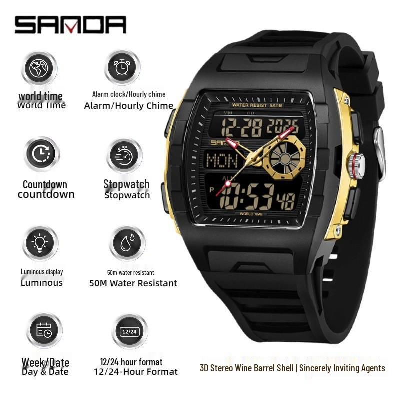 Sanda Dual Display Multifunctional Waterproof Luminous Men's Wristwatch 