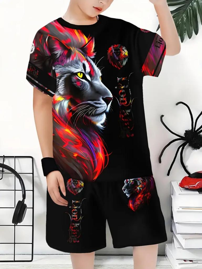 Kinder Set Cooler Tiger Wolf Löwe Druck Sommer Kurzarm Mode Bequem Jungen Anzug Outdoor Trendige Kinderkleidung