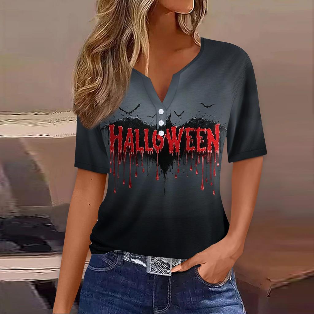 Dames T-skjorte Tee Halloween Trykket Knapp Kortermet Tunika Daglig Helgemote Basic V-hals Vanlig Topp