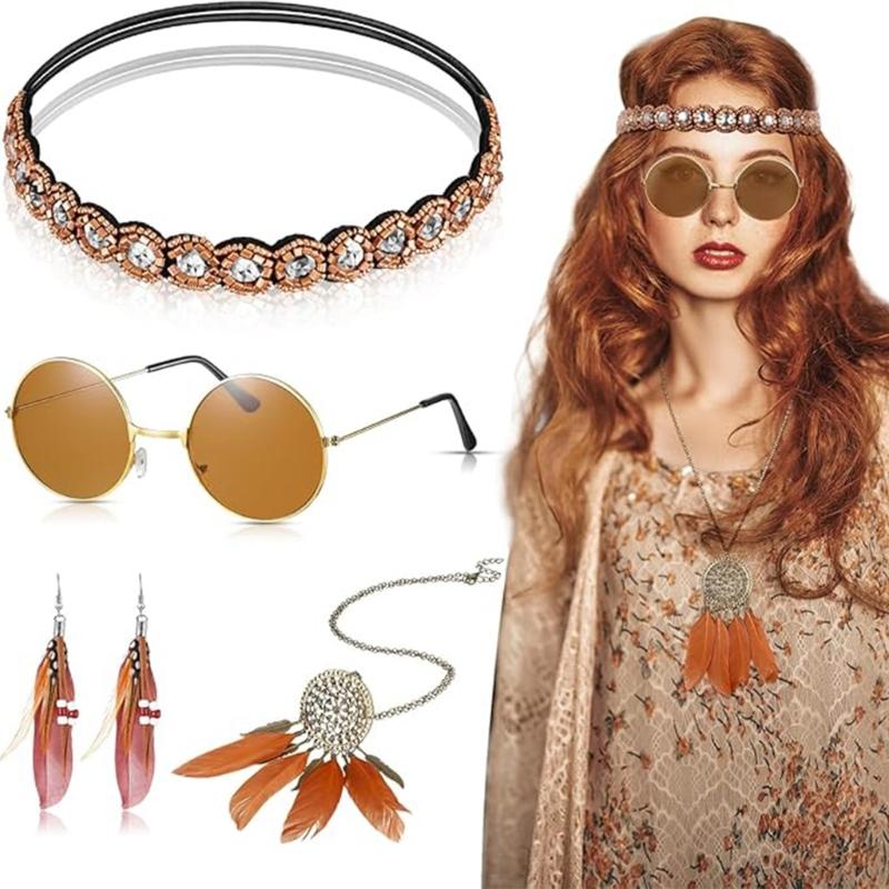 Anni '70 Hippie Costume Gioielli Accessori Occhiali Fascia per Capelli Collana Piumata Orecchino per Donne Festa a Tema Anni '70 '60