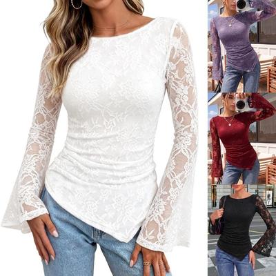 Top da Donna in Pizzo a Maniche Lunghe Svasate con Pieghe, Pullover