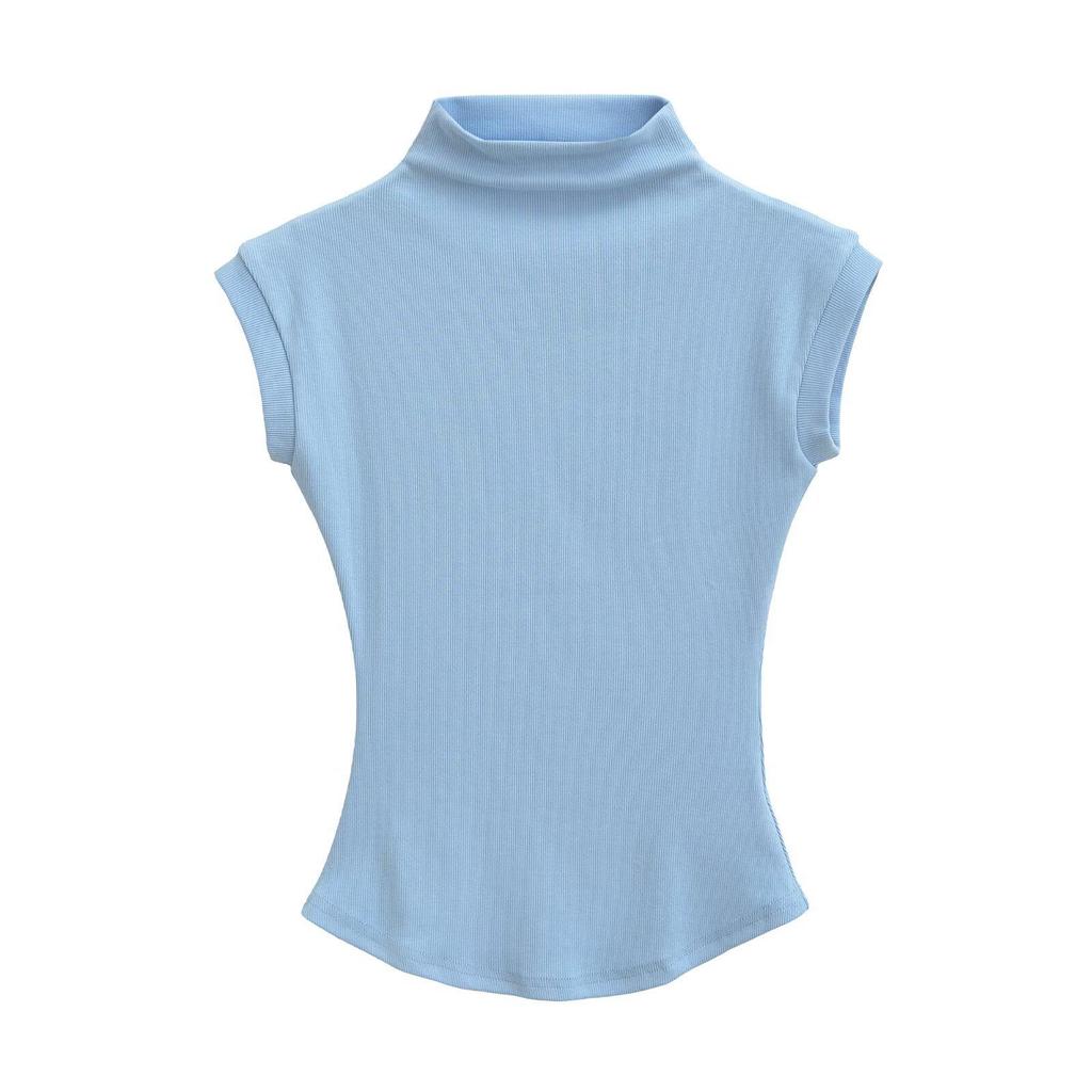 2025 Summer Women's Sleeveless Half-High Neck Fitted Vest with Curved Hem