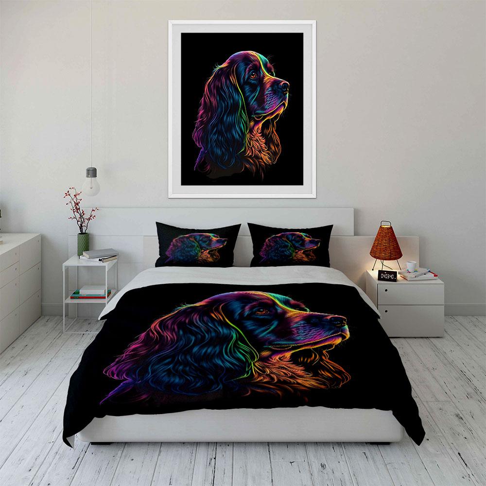 3Pcs Neon Spaniel Bedding Set, Colorful Rainbow Cocker Spaniel Print Duvet Cover + 2 Pillowcases, Dog Lover Decor