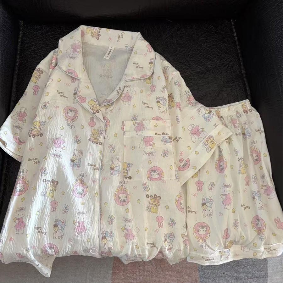 Cute Pocket Kitty Cat Pajamas Women s Summer Bumped Lace Short Sleeve Shorts Suit Student Outside Loungewear S