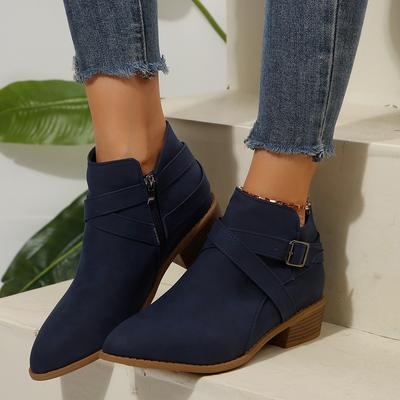 New Plus Size Pointed Toe Chelsea Boots - Women’s Cross Strap Side Zipper Mid Heel Ankle Booties