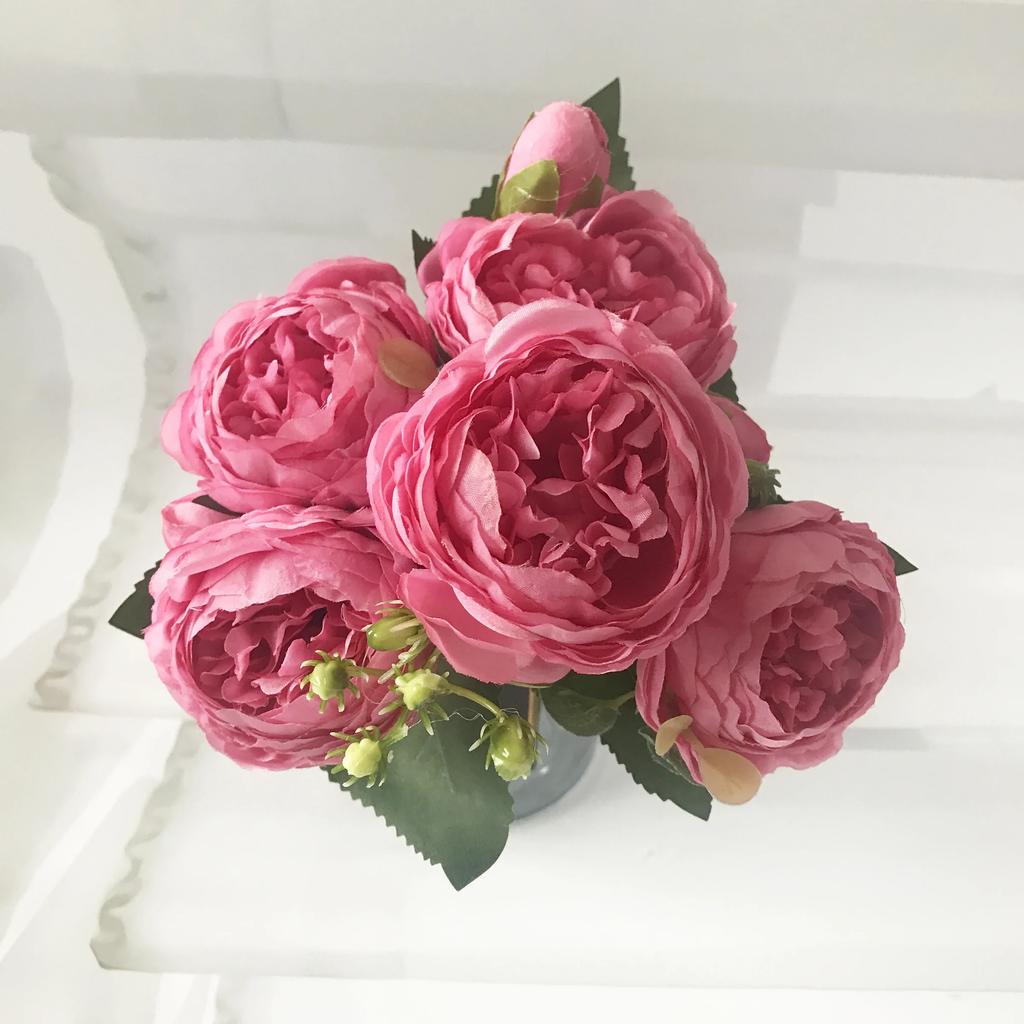 30cm Rose Pink Silk Peony Artificial Flowers Bouquet 5 Big Head and 4 Bud Cheap Fake Flowers for Home Wedding Decoration Indoor