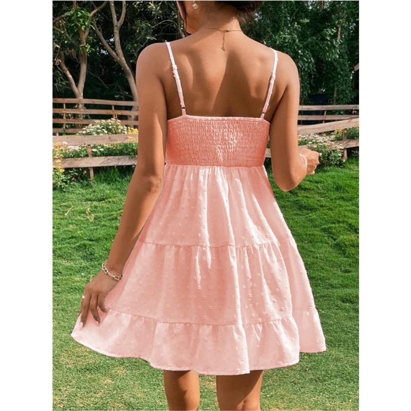 Women's Summer New Polka Dot Suspender Waist Dress Loose Simple Casual Solid Color Skirt