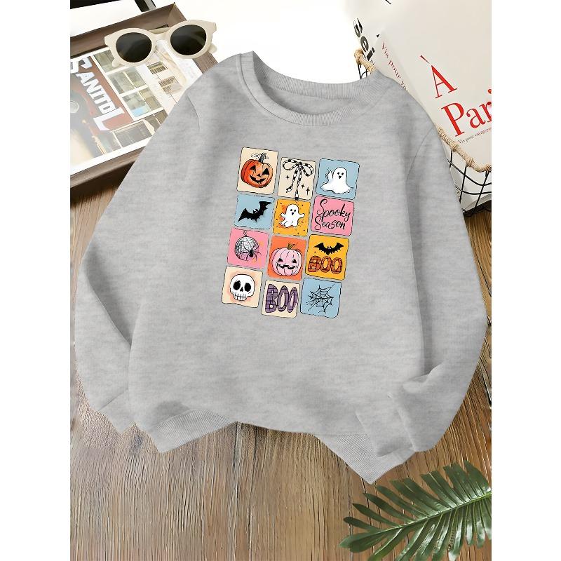 Kids Unisex Crewneck Sweatshirt, Spooky Season Grid Pumpkin Ghost Bat Skull Halloween Print Soft Fleece Pullover For Kids Over 4 Years Old