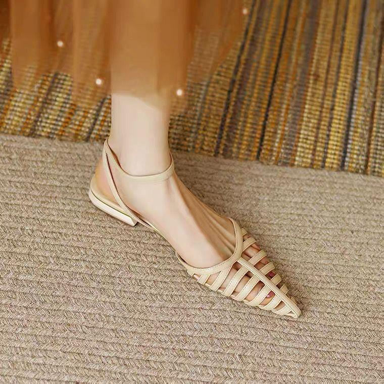 

Нишевые персонализированные ретро сандалии лето черные полые женские туфли с острым носком на плоском каблуке туфли с закрытым носком 39 абрикосовый