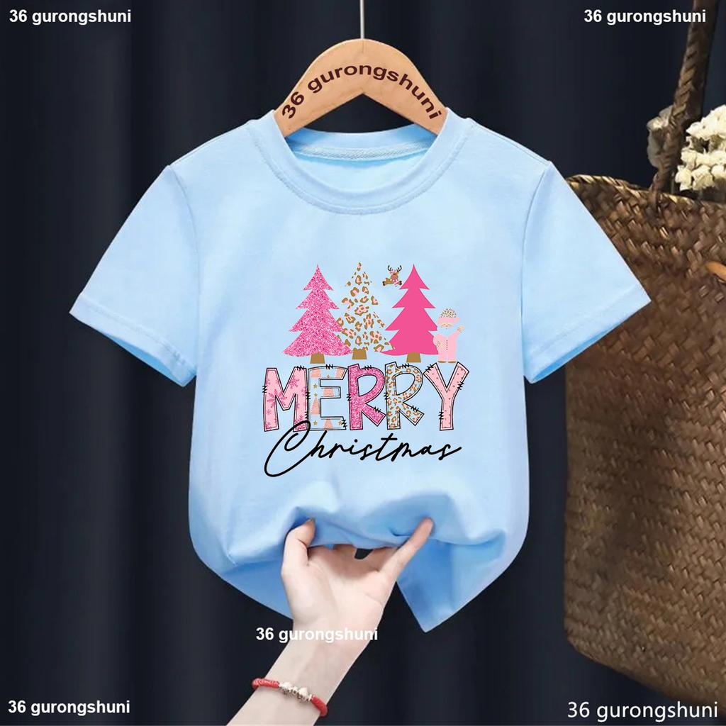 Pink Christmas Tree Graphic Print T-Shirt Girls for Children'S New Year Clothes Christmas Party T Shirt Fashion New Boys Tshirt