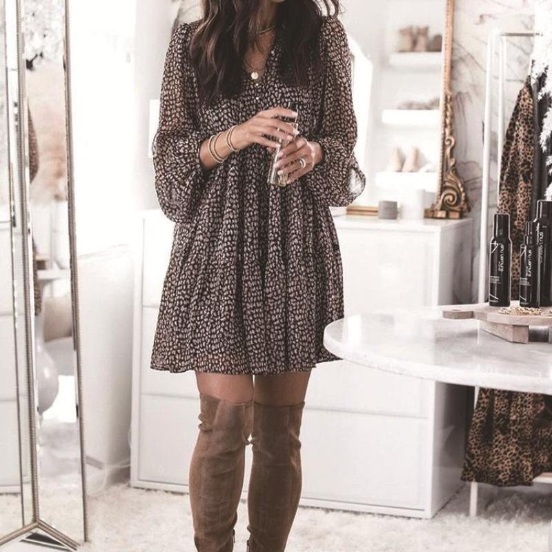 Abiti casual con scollo a V a maniche lunghe primavera estate stampa leopardo moda donna