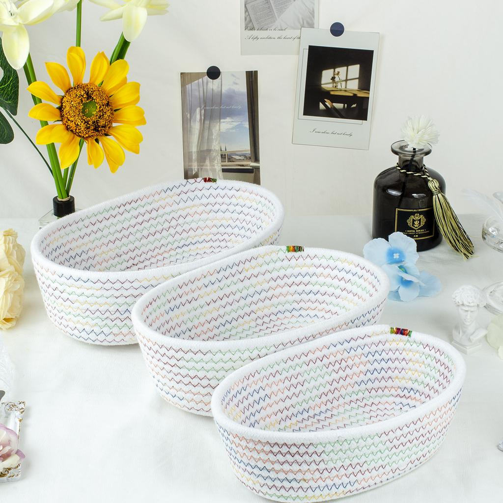 3pcs Cute Storage Baskets for Daily Items, Small Oragnizer Natural Cotton Rope Woven Baskets Bin Tiny Oval Storage Easter Basket