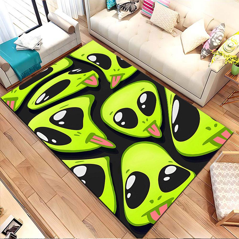 Playful Green Alien Faces Pattern Patterned carpet, non slip mat suitable for living room and bedroom sofas