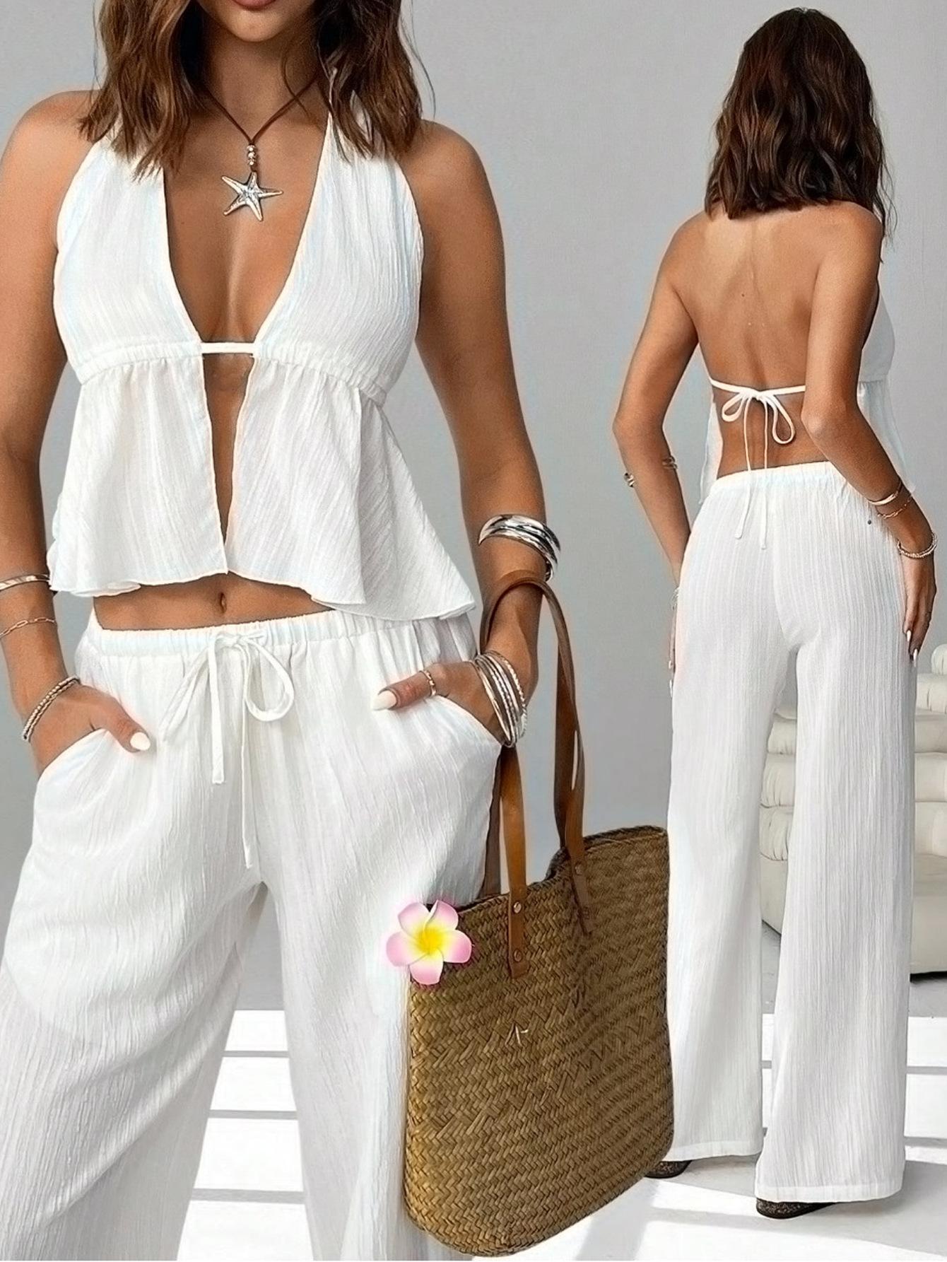 Amazon 2026 spring and summer European and American cross-border women s clothing neck straps sexy backless sleeveless vest slim suit S белый