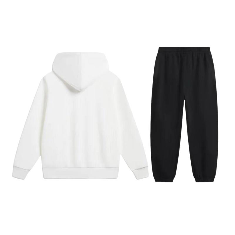 Li-Ning Fleece Lined Thick Brand Logo Printed Loose Fit Pullover Hooded Sweatshirt Mid Rise Elastic Long Pants Casual Sports Set YWDU565-2+YKLU208-1