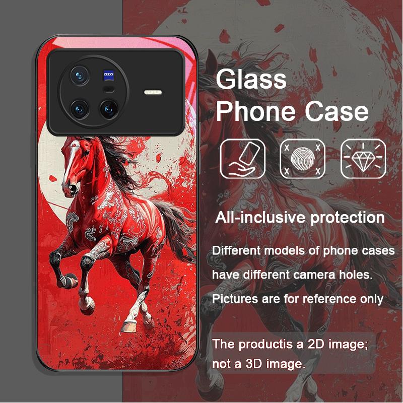 

Stylish Chinese-Style Red Horse Print Tempered Glass Phone Case for OPPO Reno 13F 12 11 10 Pro Plus Find X8 X5 X3 PRO Lite Cover Oppo A60 4G