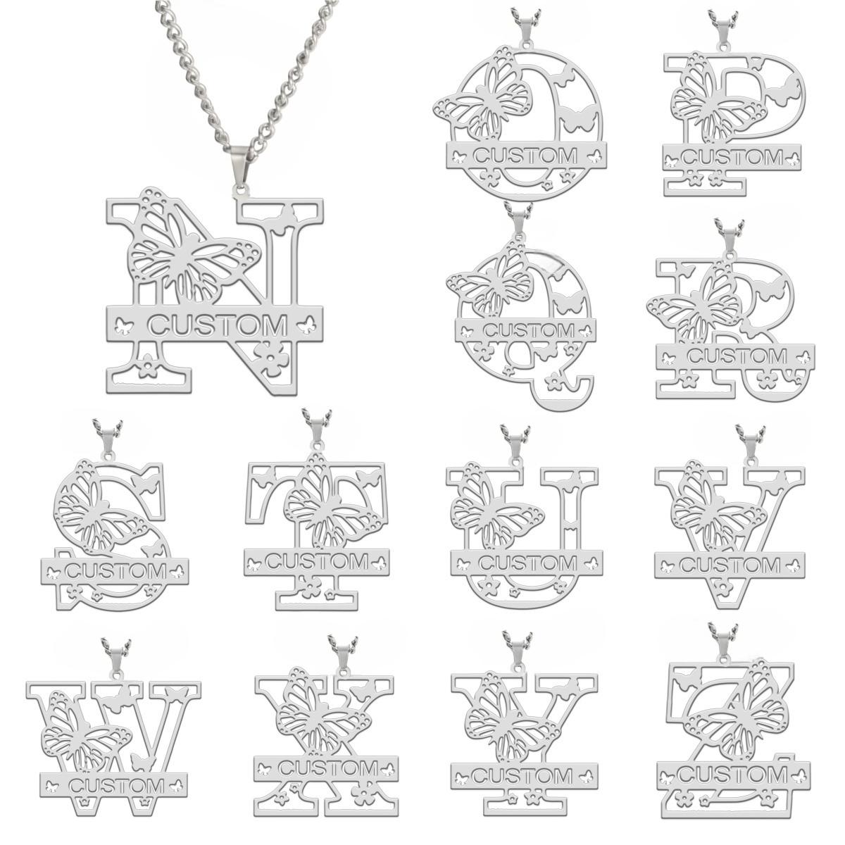 Jeshayuan Customized Name Initial Necklace Personalized Fairy Pixie Angel Butterfly Stainless Steel Charms Letter Necklace Gift 60cm&Steel Butterfly