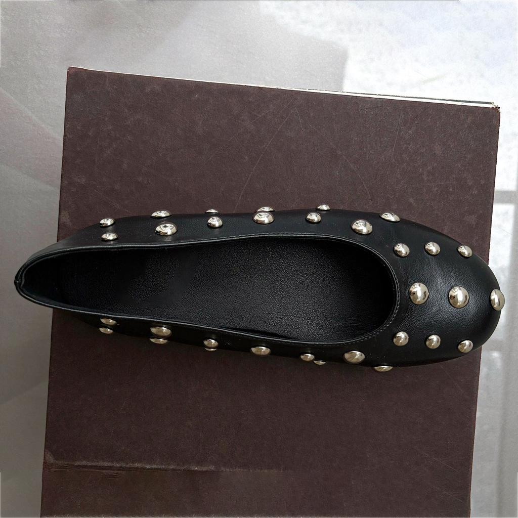 Sheepskin version~ French niche retro riveted ballet shoes leather round head flat bottom Mary Jane shallow mouth single shoes women