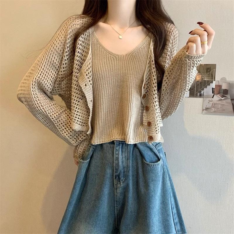 Long-sleeved Hollow Suspenders Two-piece Knitted Sweater Spring and Summer New High-end Blouse Versatile Pure Desire Top Coat