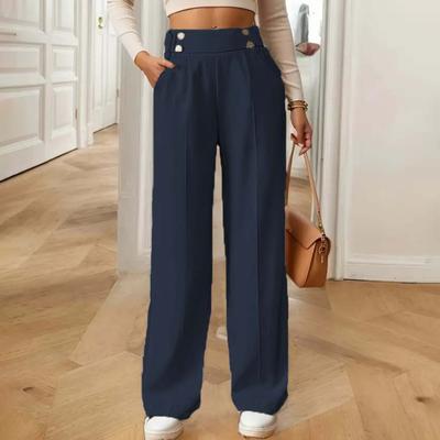 Women Leisure Pants Elastic High Waist Solid Color Long Trousers with Pockets Straight Wide Leg Commuting Work Travel Casual Pants