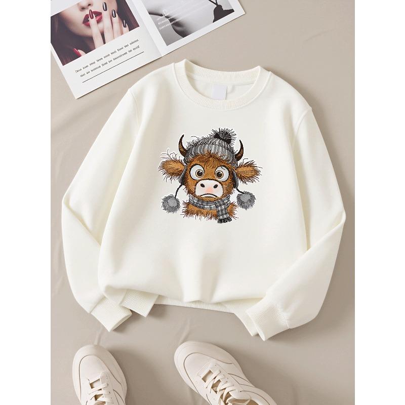 Kids Sweatshirt Crewneck Sweatshirt Cow Wearing Winter Hat And Scarf Machine Washable, Spring And Autumn, Sportswear And Casual Wear