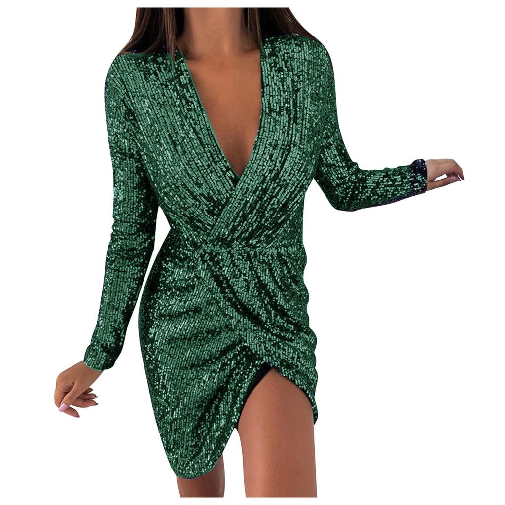 Women's New Solid Color V-Neck Sexy Sequined Lace Mesh Stitching Hem Slit Dress