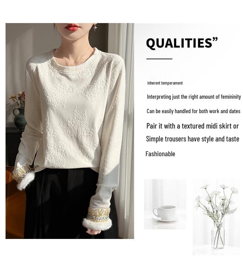 Women's High-End New Chinese Style Round Neck Warm Base Layer Top for Autumn and Winter Fashion