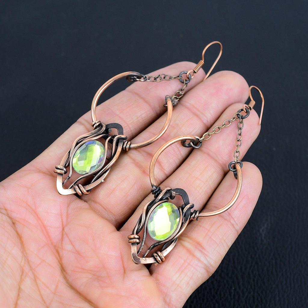 Mystic Topaz 999 Copper Wire Wrapped Earrings, Handmade Gemstone Jewelry Earrings, For Memorial Day