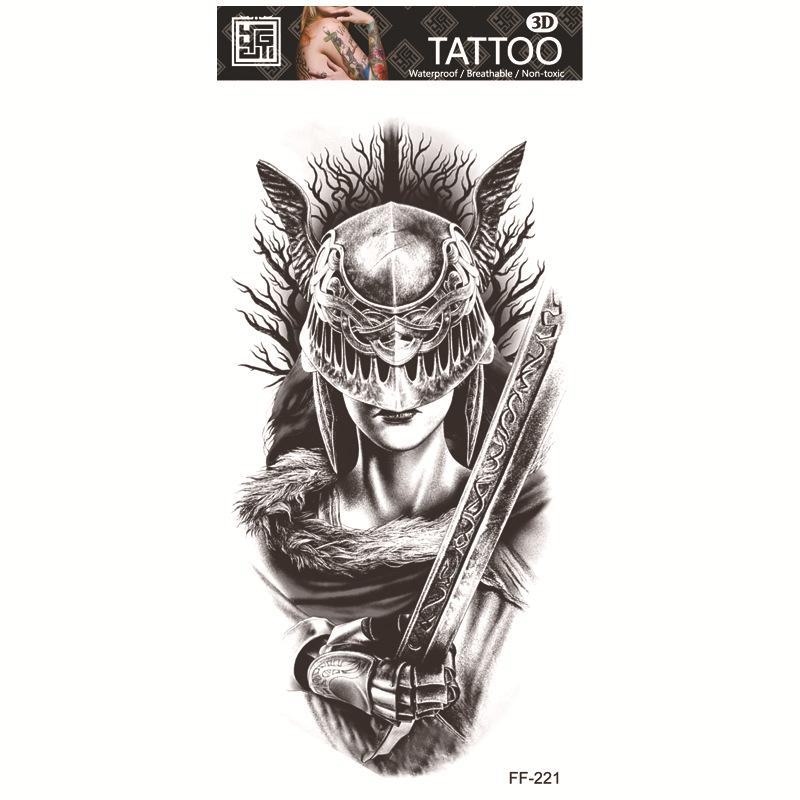 Vodotěsné tetovací samolepky: Totem vlčí hlavy a design s arabským textem.