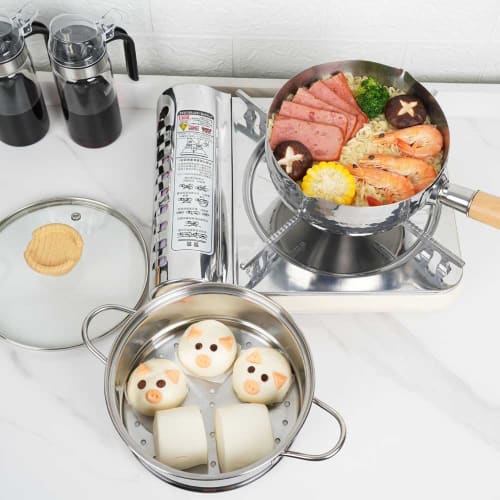 20cm Yukihira Pot with Steamer, Stainless Steel, Gas/IH Compatible, Single-Handed Pot, Easy to Use, Pouring Spout, Wooden Handle, Hammered Texture, Yu