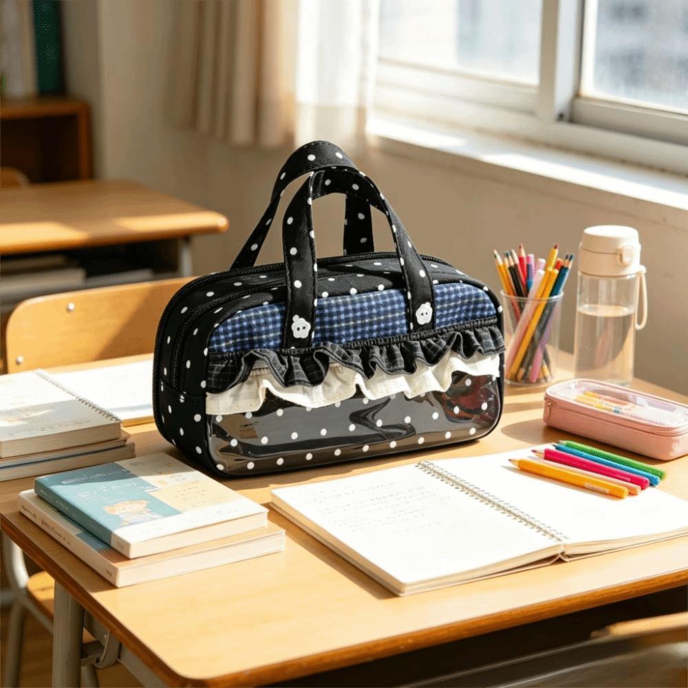 Multi-Layer Lace Stationery Pouch Plaid Polka Dot Lace Stationery Bag Lace Pencil Case Office Use