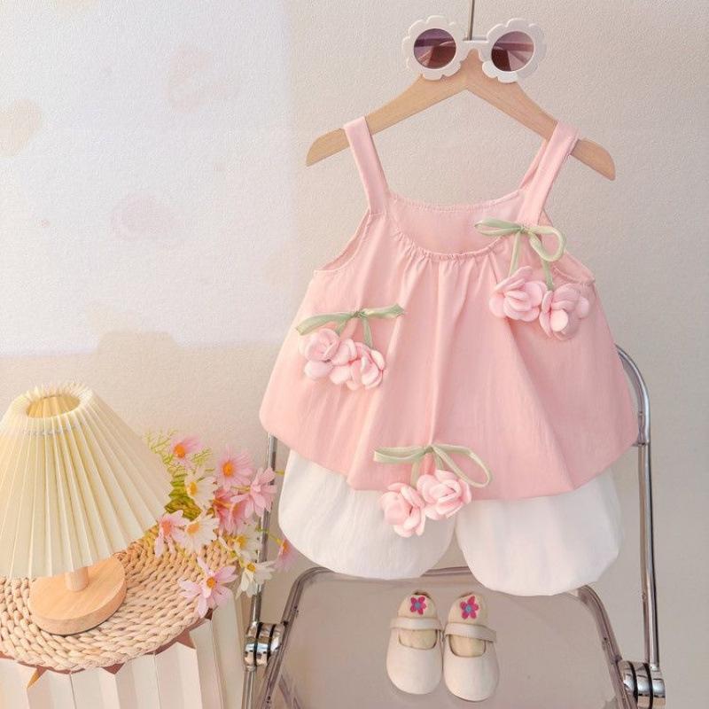 Girls Summer Floral Sleeveless Vest And Bud Shorts Casual Two Piece Set 80