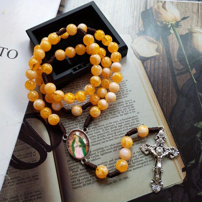 Cottvott Rosario Cattolico a Catena di Corda Intrecciata a Mano con Perline Collana Madonna Maria Cristo Gesù Collana con Ciondolo Croce Gioielli Regalo