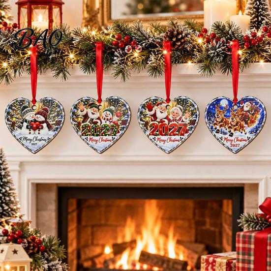 Decorative Wooden Crafts Christmas Tree Pendants with Red Rope, Cute Cartoon Hanging Ornaments Gifts for Family Holiday Home Decoration, Fireplace And