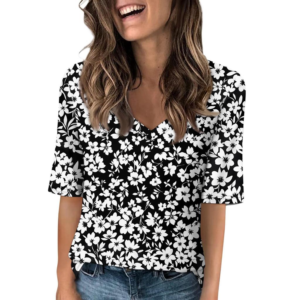 Shirts For Women Trendy V Neck T Shirts Casual Printed Blouse Half Sleeve Tops For Women