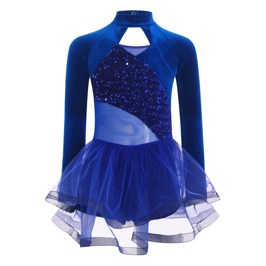 Girls Sparkling Sequins Dance Dress Mock Neck Long Sleeve with Velvet Patchwork Tutu Skirt for Performance 6-14