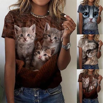 Women's Round-Neck Tops Short Sleeves T-shirt Cat Printed T-shirt Tunic Shirts Vintage Tops