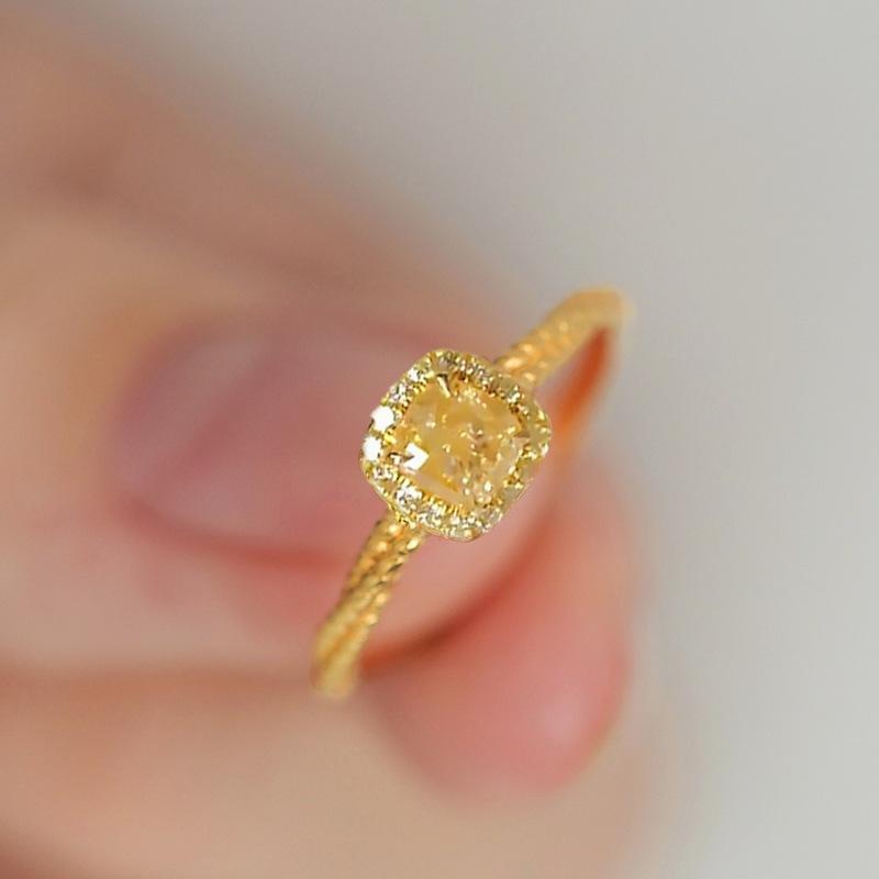 High Appearance Yellow Diamond Square Candy Twist S925 Sterling Silver Adjustable Open Ring for Women