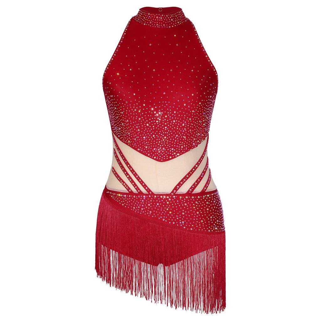 Womens Latin Dance Leotard Sleeveless Mock Neck Patchwork Rhinestones Tassels Adorned Gymnastics Costume