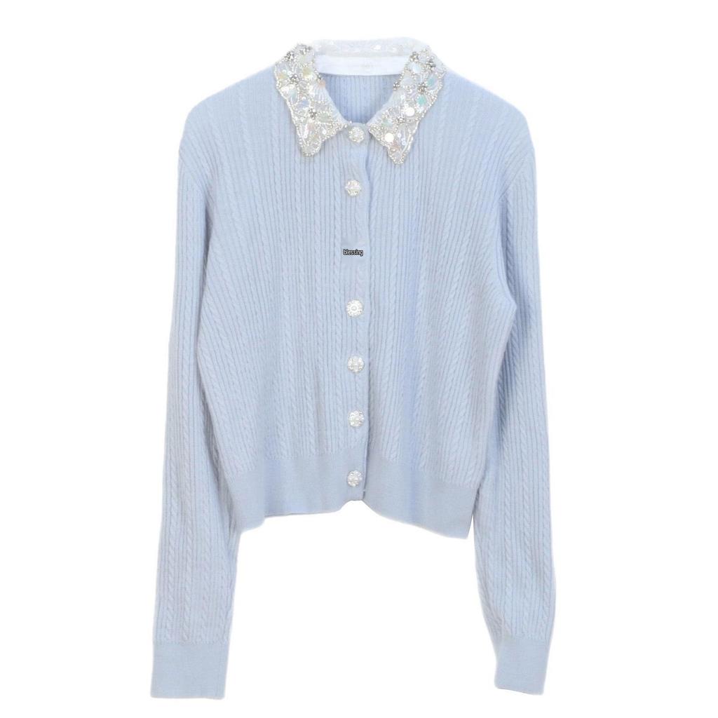 2025 Spring Grey Knit Cardigan with Sequin & Rhinestone Lapel