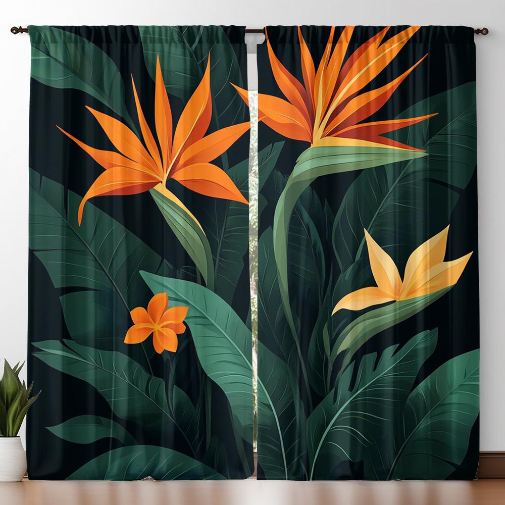 Tropical Bird of Paradise Curtains Set of 2 Rod Pocket Opaque Dark Green Orange for Living Room Bedroom Decor 60×150