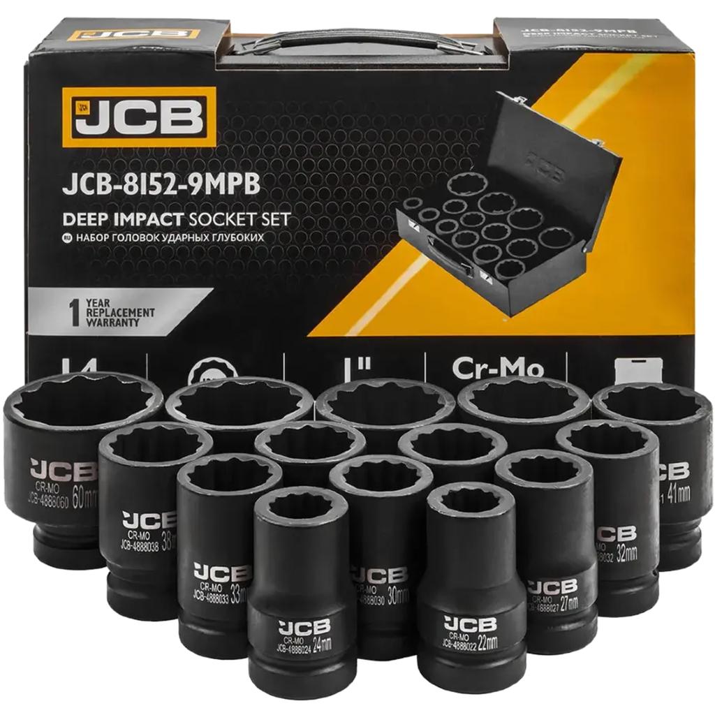 JCB 1" Cr-Mo 12-point Deep Impact Socket Set 14 Pieces