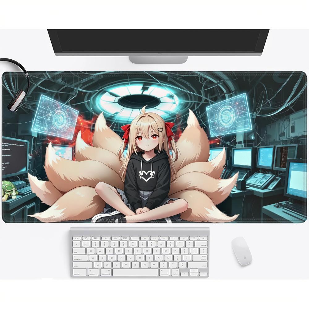 HYBXAXC Anime Fox Girl Gaming Mouse Pad Tech Cyberpunk Style NonSlip Rubber Desk Mat for PC Office Keyboard Mats Large Gamer