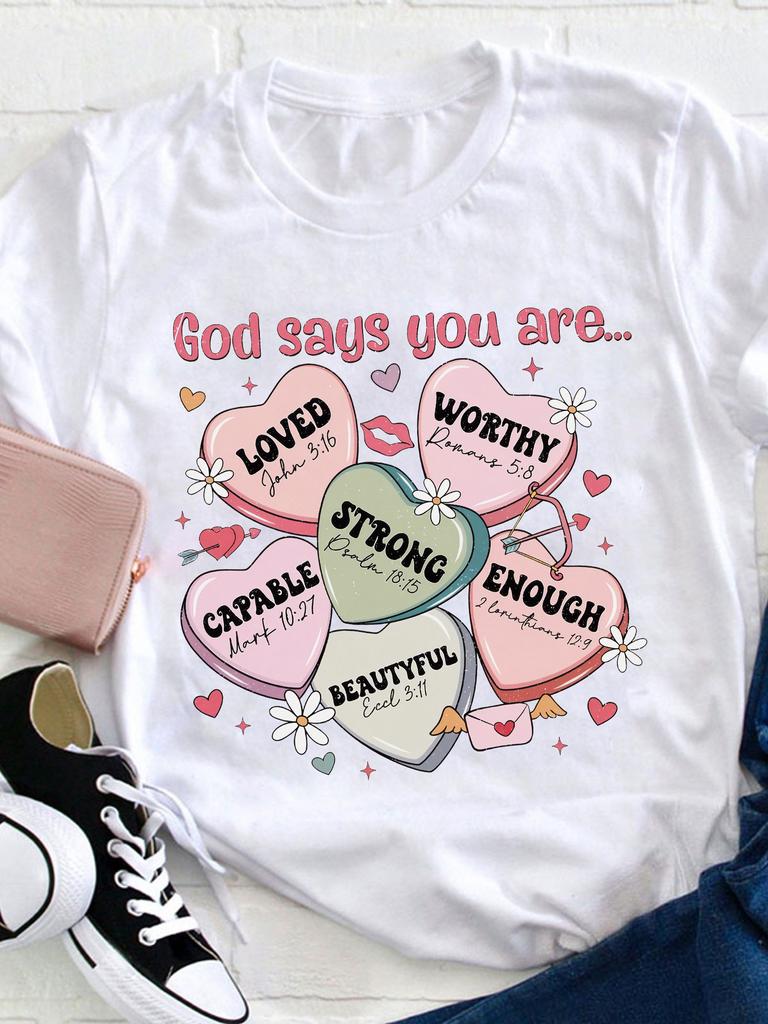 Women'S Christian Valentine'S Day T-Shirt God Says You Are -Themed Tee with Candy Heart Design, In